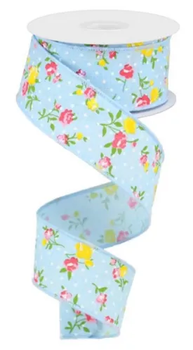 Blue floral 1.5” wired ribbon