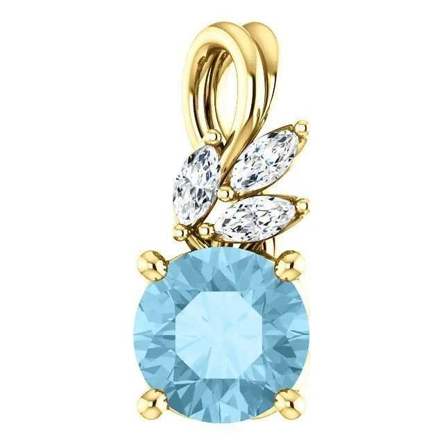 14KT GOLD 0.75 CT AQUAMARINE & 0.10 CTW DIAMOND FLORAL PENDANT