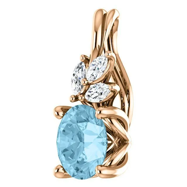 14KT GOLD 0.75 CT AQUAMARINE & 0.10 CTW DIAMOND FLORAL PENDANT