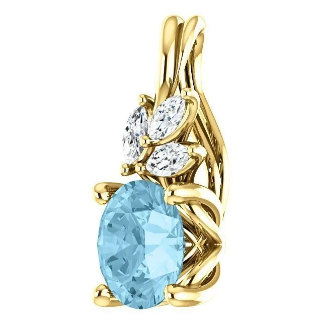 14KT GOLD 0.75 CT AQUAMARINE & 0.10 CTW DIAMOND FLORAL PENDANT