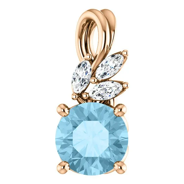 14KT GOLD 0.75 CT AQUAMARINE & 0.10 CTW DIAMOND FLORAL PENDANT