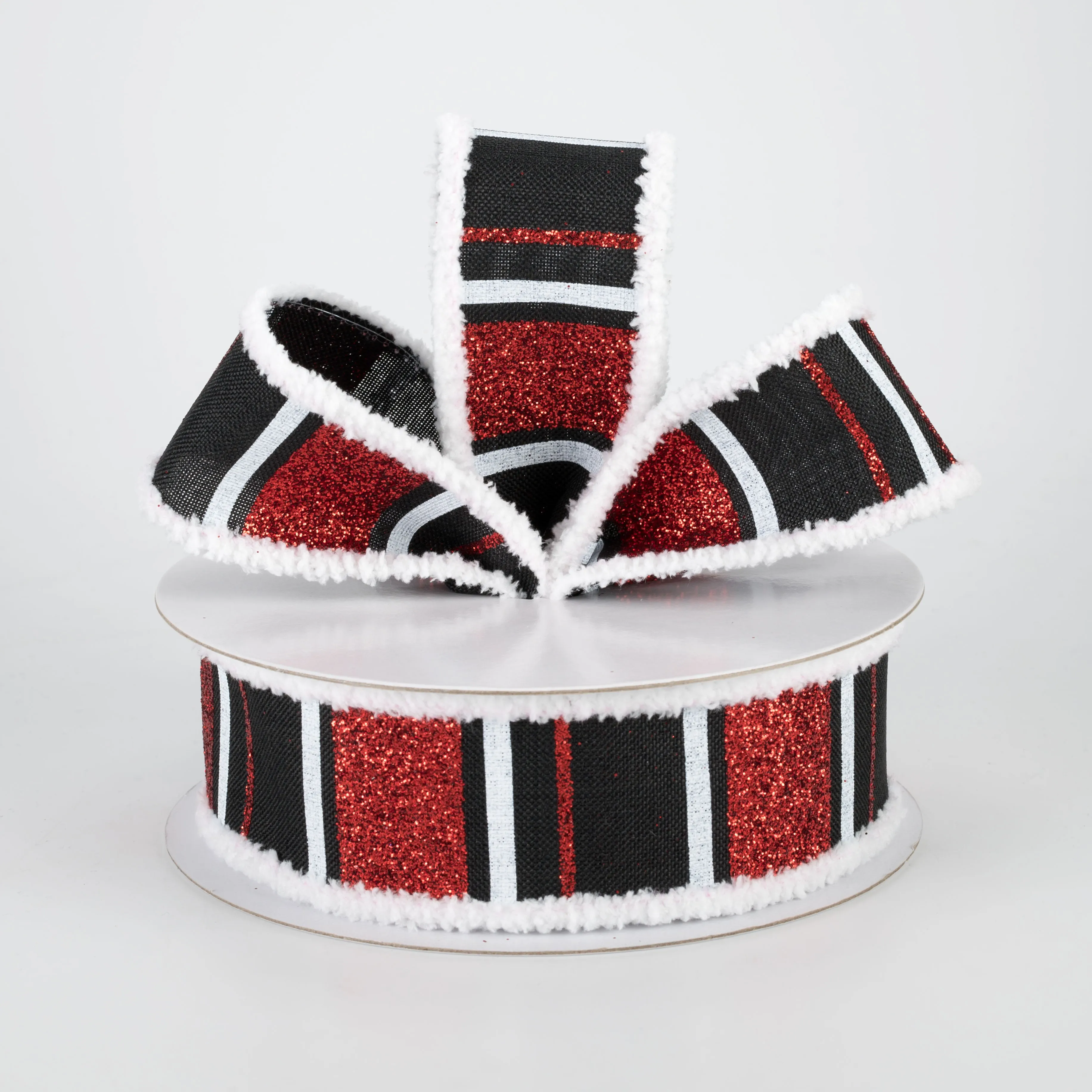 1.5" Chenille Edge Glittered Stripes Ribbon: Black, Red, White (10 Yards)