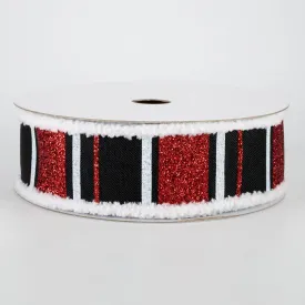 1.5" Chenille Edge Glittered Stripes Ribbon: Black, Red, White (10 Yards)