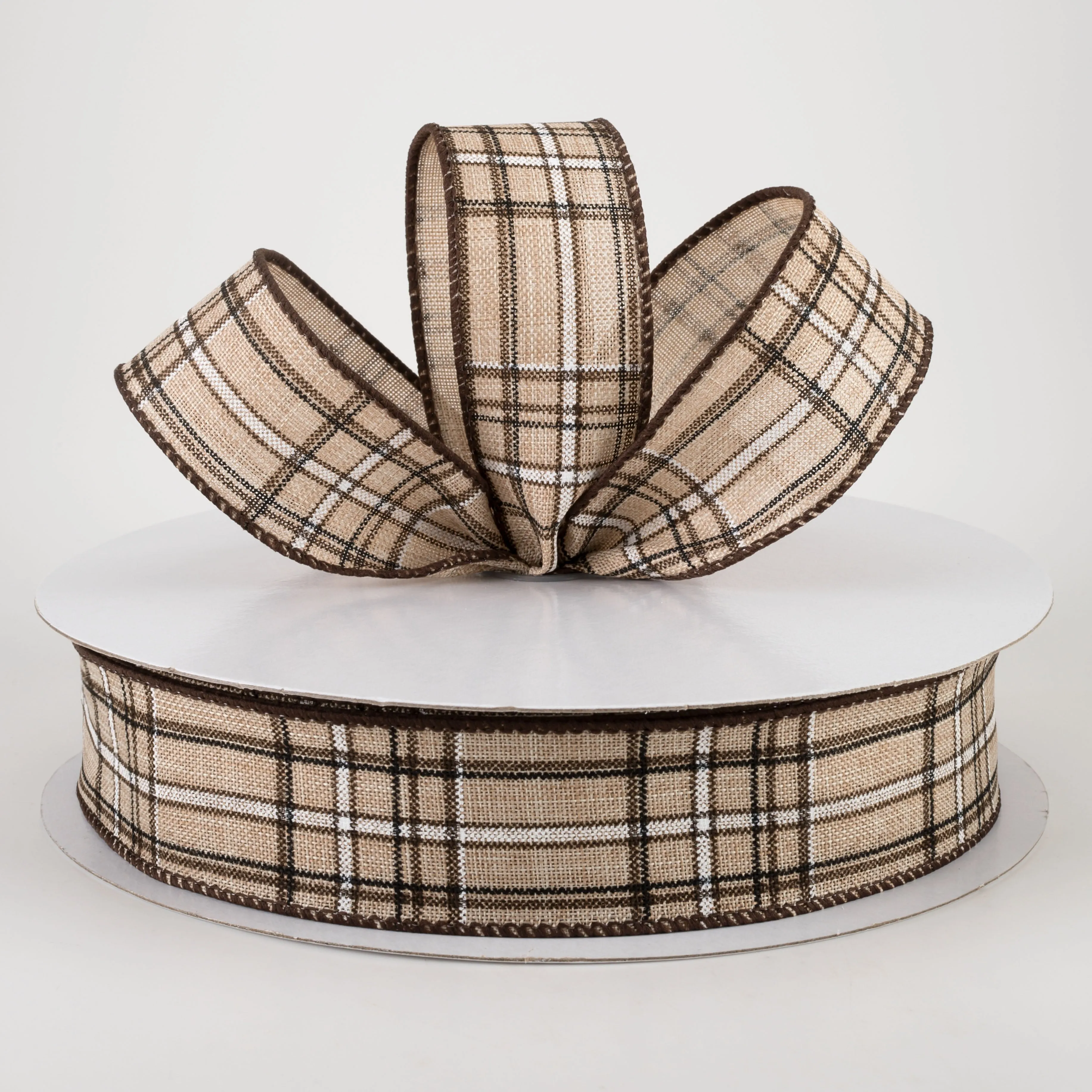 1.5" Cornelia Plaid Ribbon: Brown, Black & White (50 Yards)