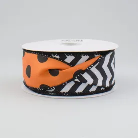 1.5" Double Sided Halloween Chevron/Polka Dot Ribbon: Orange, Black, White (10 Yards)