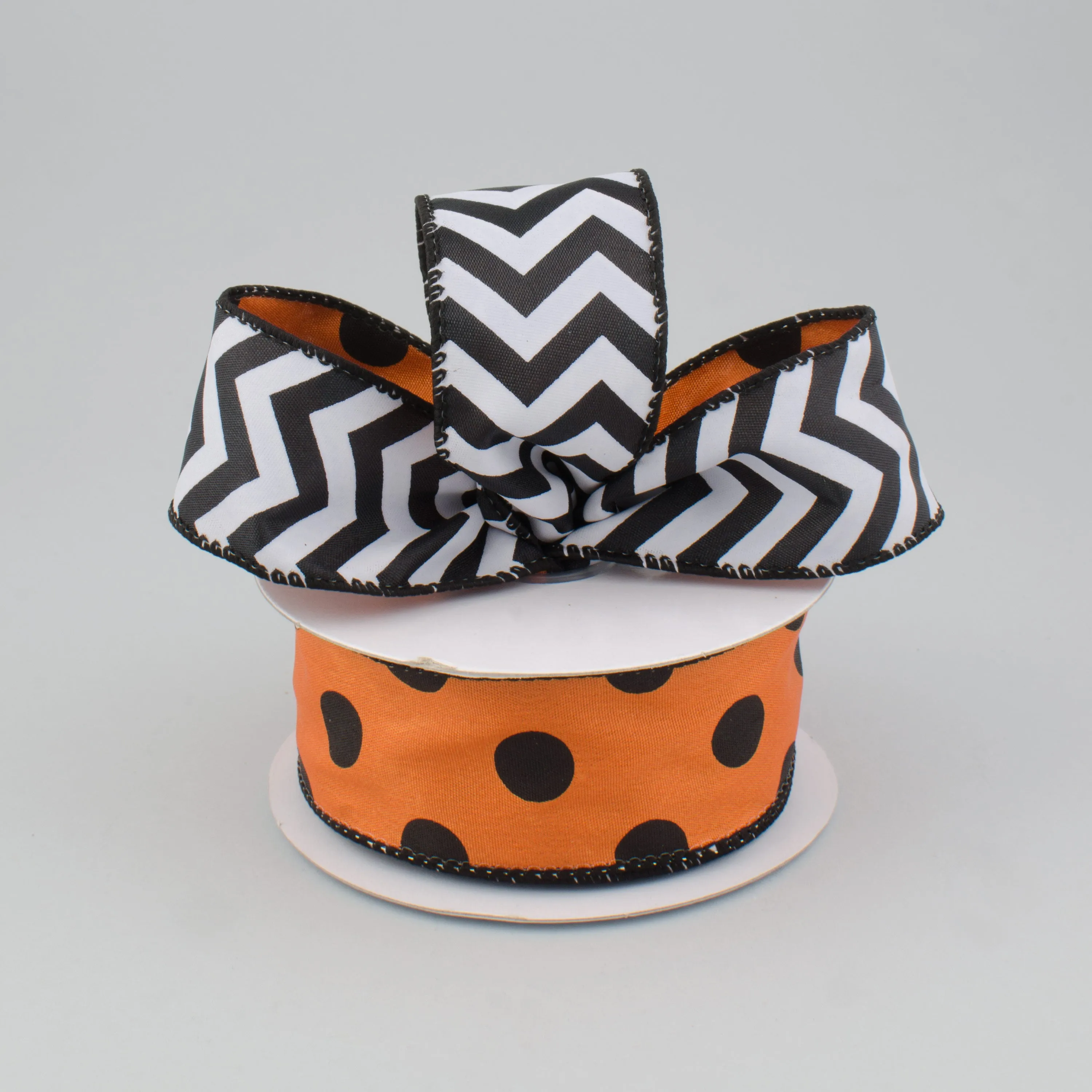 1.5" Double Sided Halloween Chevron/Polka Dot Ribbon: Orange, Black, White (10 Yards)