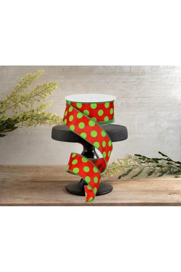 1.5" Large Polka Dot Ribbon: Red & Lime Green (10 Yards)