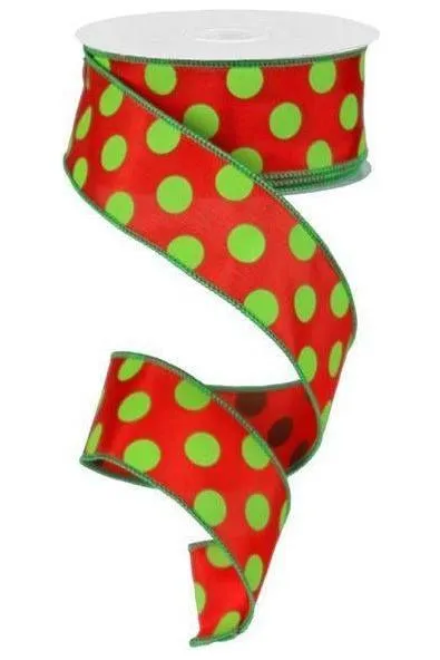 1.5" Large Polka Dot Ribbon: Red & Lime Green (10 Yards)