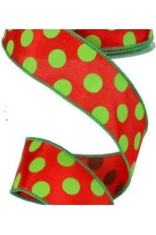 1.5" Large Polka Dot Ribbon: Red & Lime Green (10 Yards)