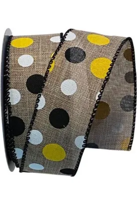 1.5" Natural Canvas Ribbon: Black, Yellow, White Dots (10 Yards)