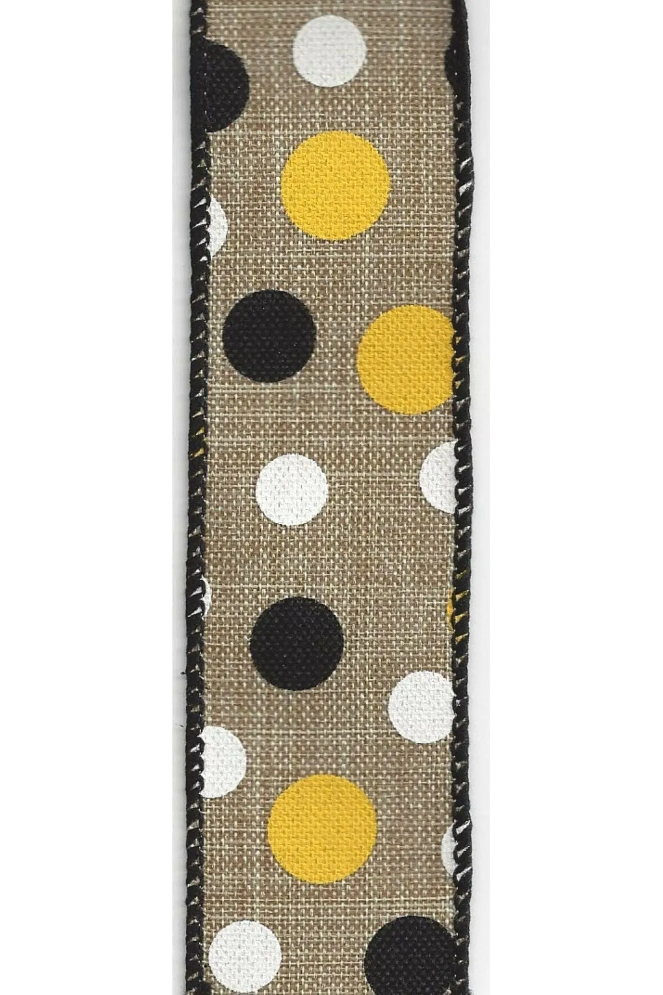 1.5" Natural Canvas Ribbon: Black, Yellow, White Dots (10 Yards)