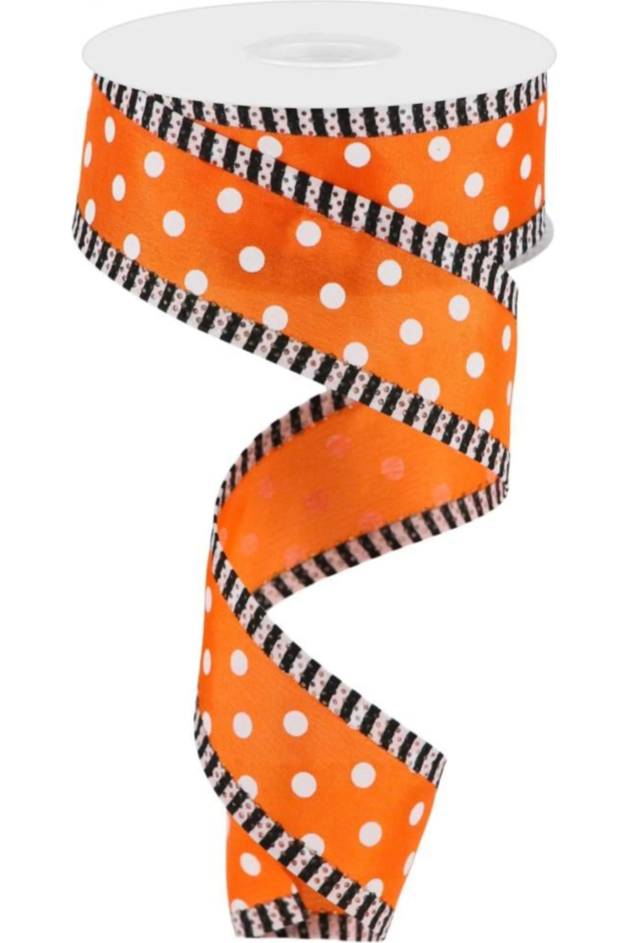 1.5" Small Polka Dot Stripe Ribbon: Orange/White (10 Yards)