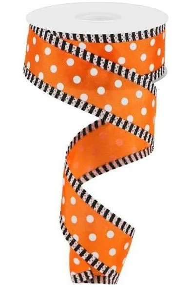 1.5" Small Polka Dot Stripe Ribbon: Orange/White (10 Yards)