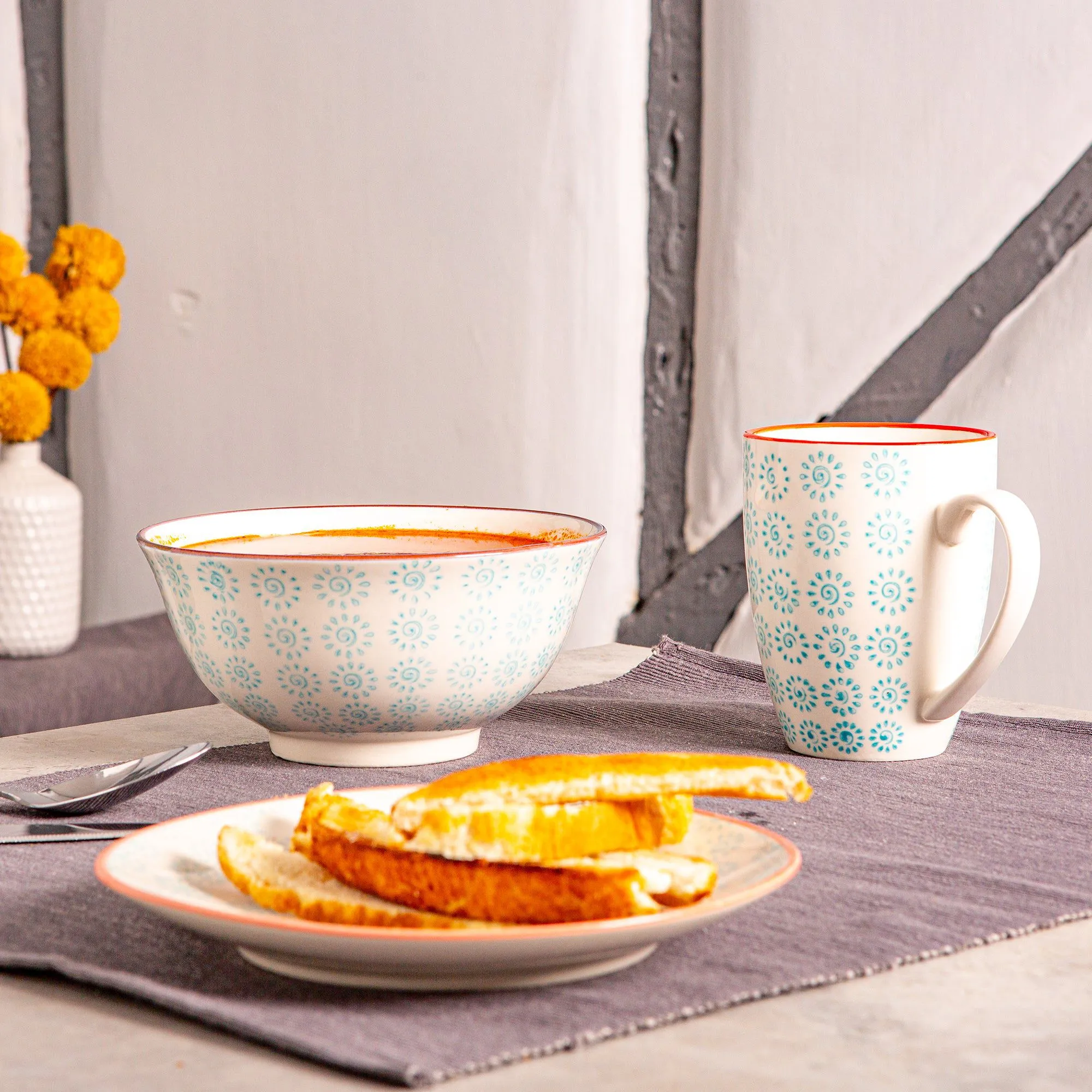 16cm Hand Printed Stoneware Cereal Bowls - Pack of Six - By Nicola Spring