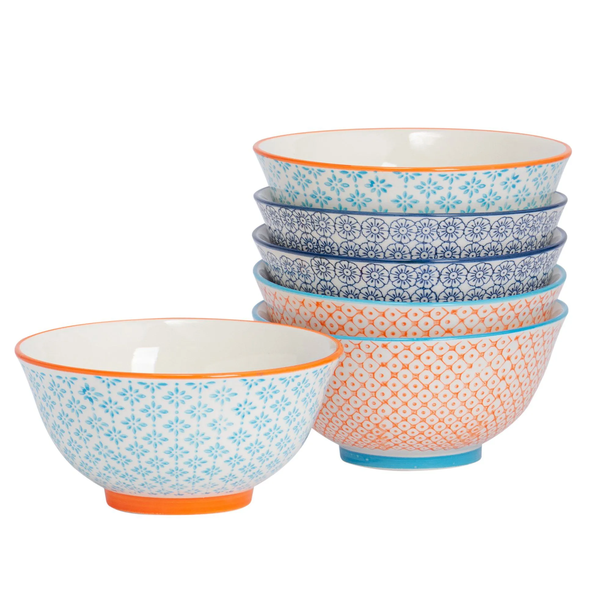 16cm Hand Printed Stoneware Cereal Bowls - Pack of Six - By Nicola Spring