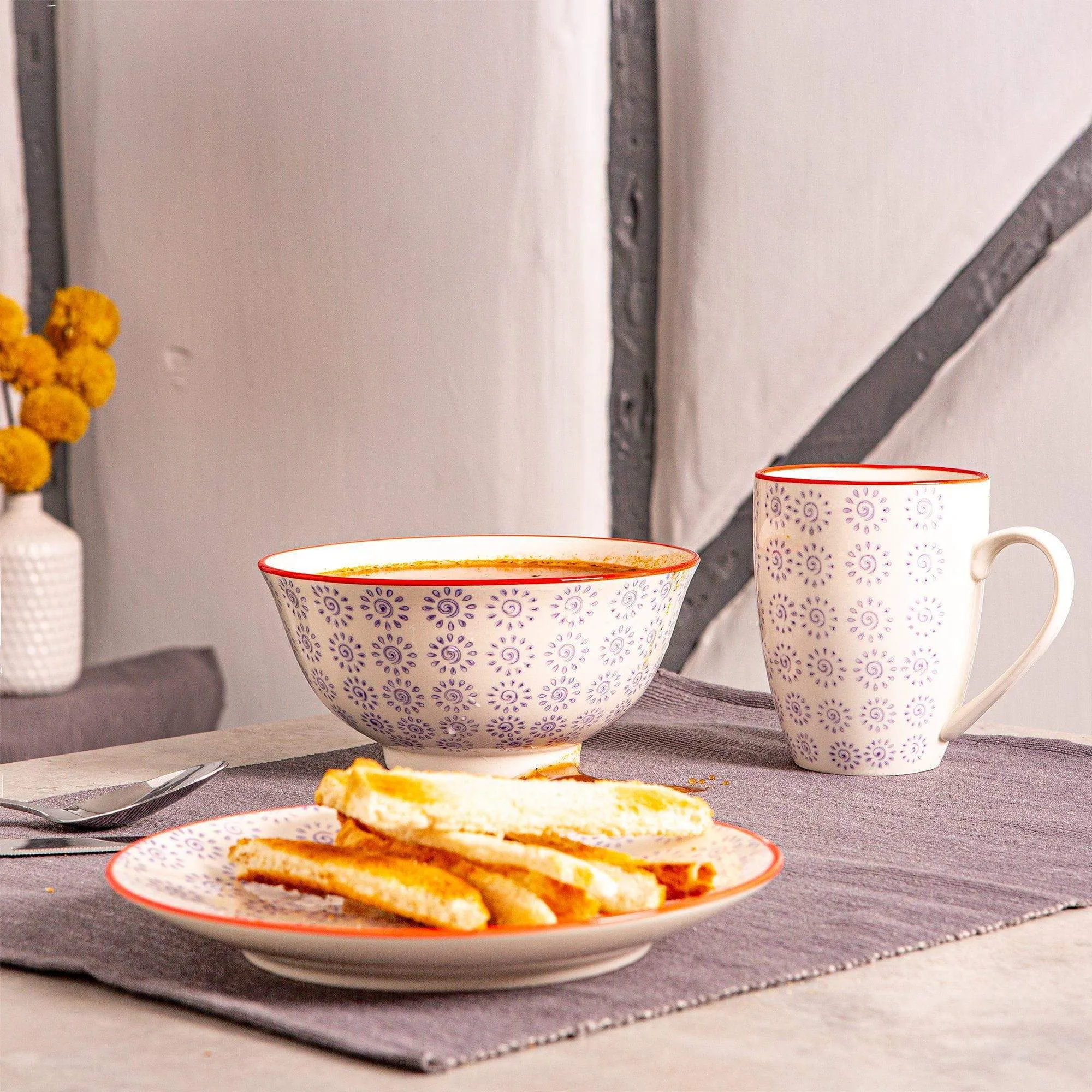 16cm Hand Printed Stoneware Cereal Bowls - Pack of Six - By Nicola Spring