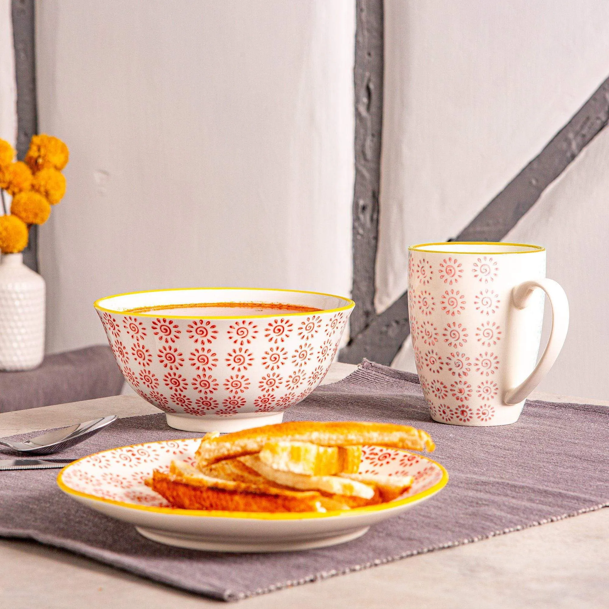 16cm Hand Printed Stoneware Cereal Bowls - Pack of Six - By Nicola Spring