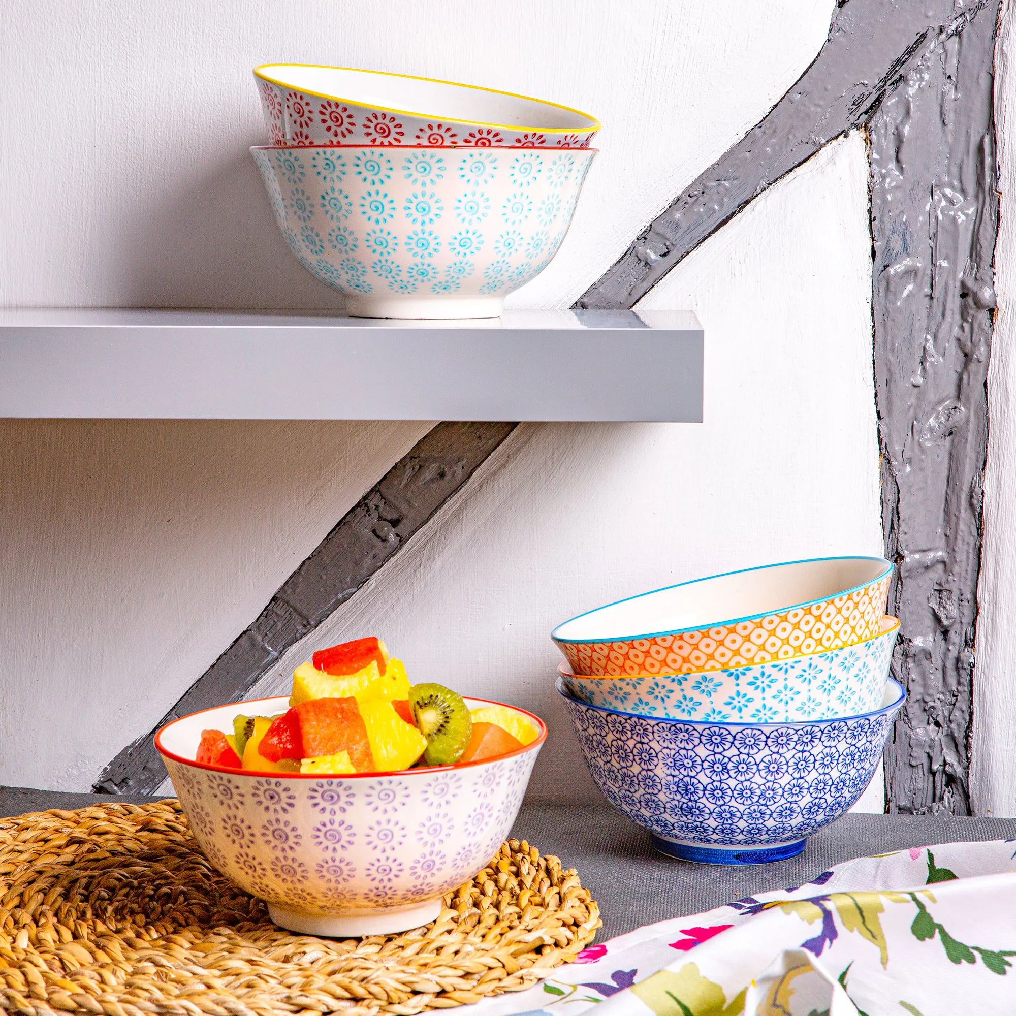 16cm Hand Printed Stoneware Cereal Bowls - Pack of Six - By Nicola Spring