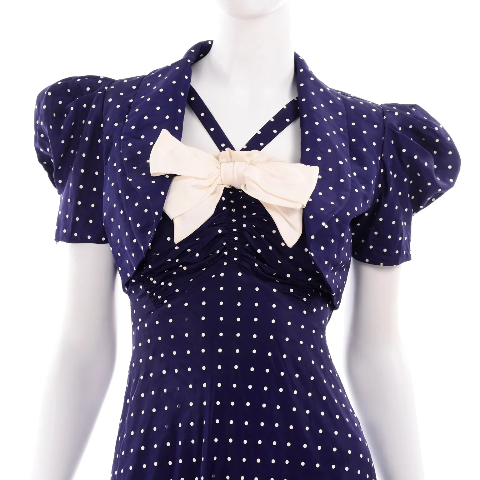 1940s Navy Blue & White Polka Dot Halter Dress w/ Bolero Jacket