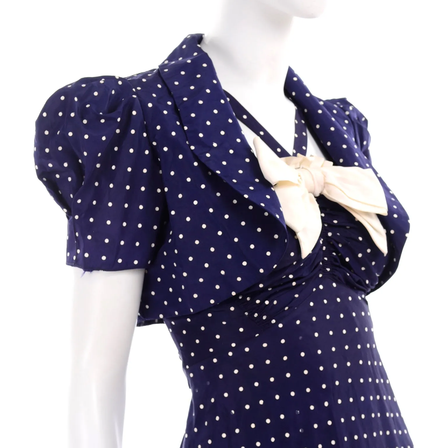 1940s Navy Blue & White Polka Dot Halter Dress w/ Bolero Jacket