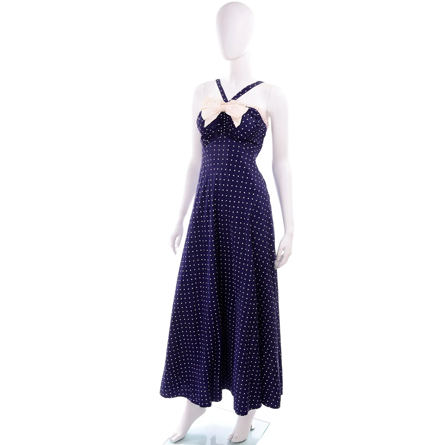 1940s Navy Blue & White Polka Dot Halter Dress w/ Bolero Jacket