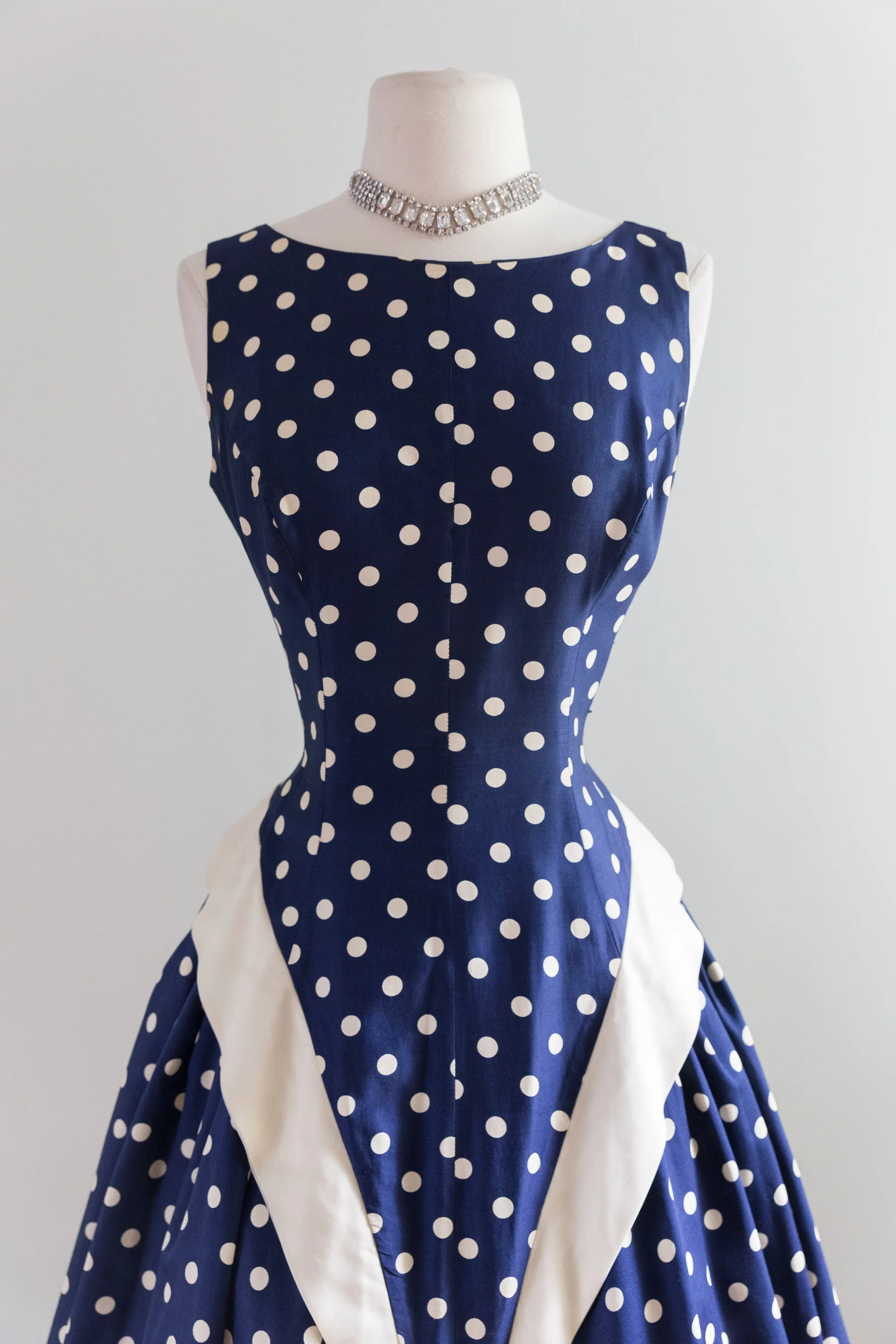 1950's Navy Blue Polka Dot Sleeveless Party Dress / Waist 26