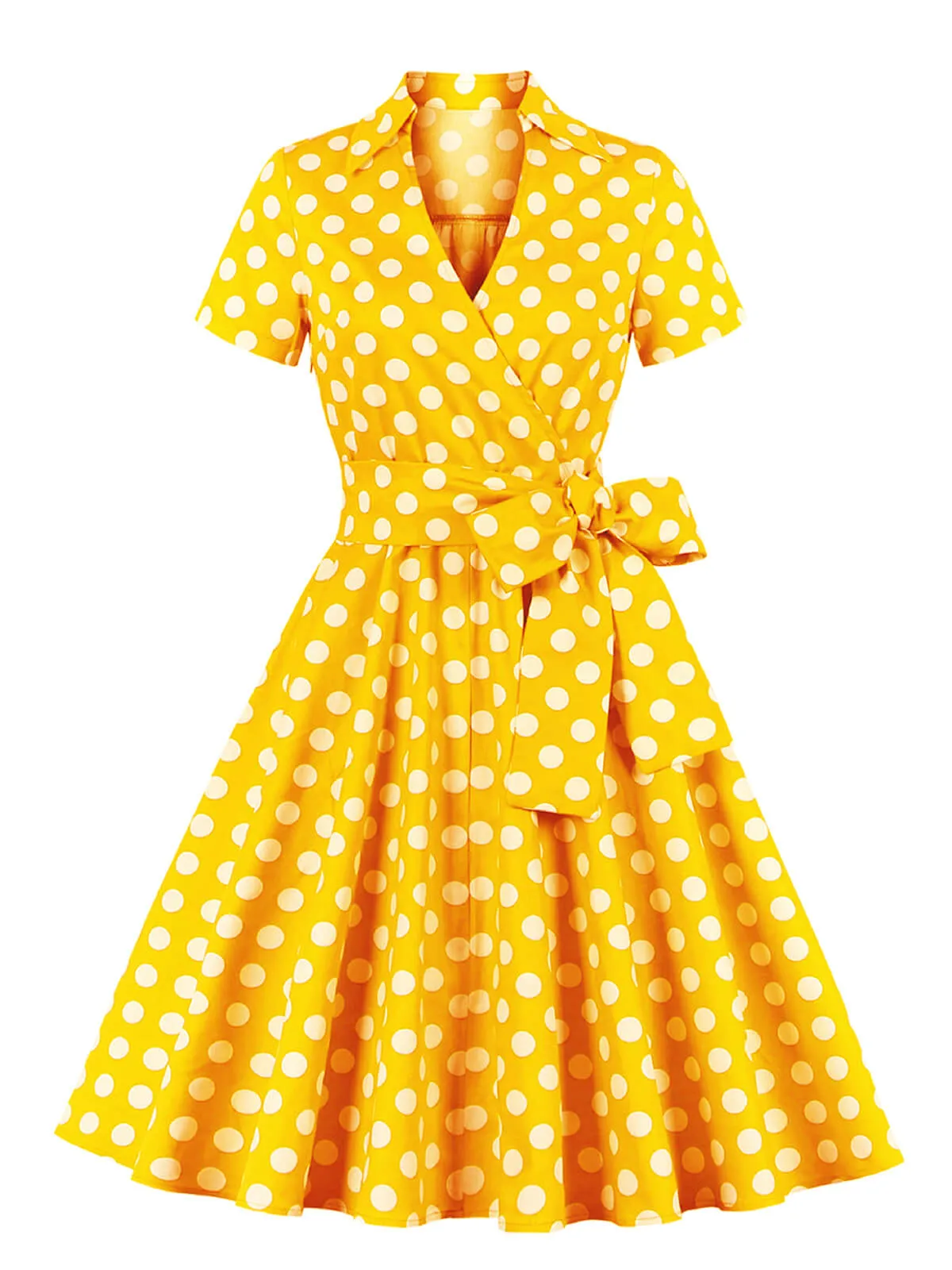 1950s Polka Dots Waist Tie Lapel Dress