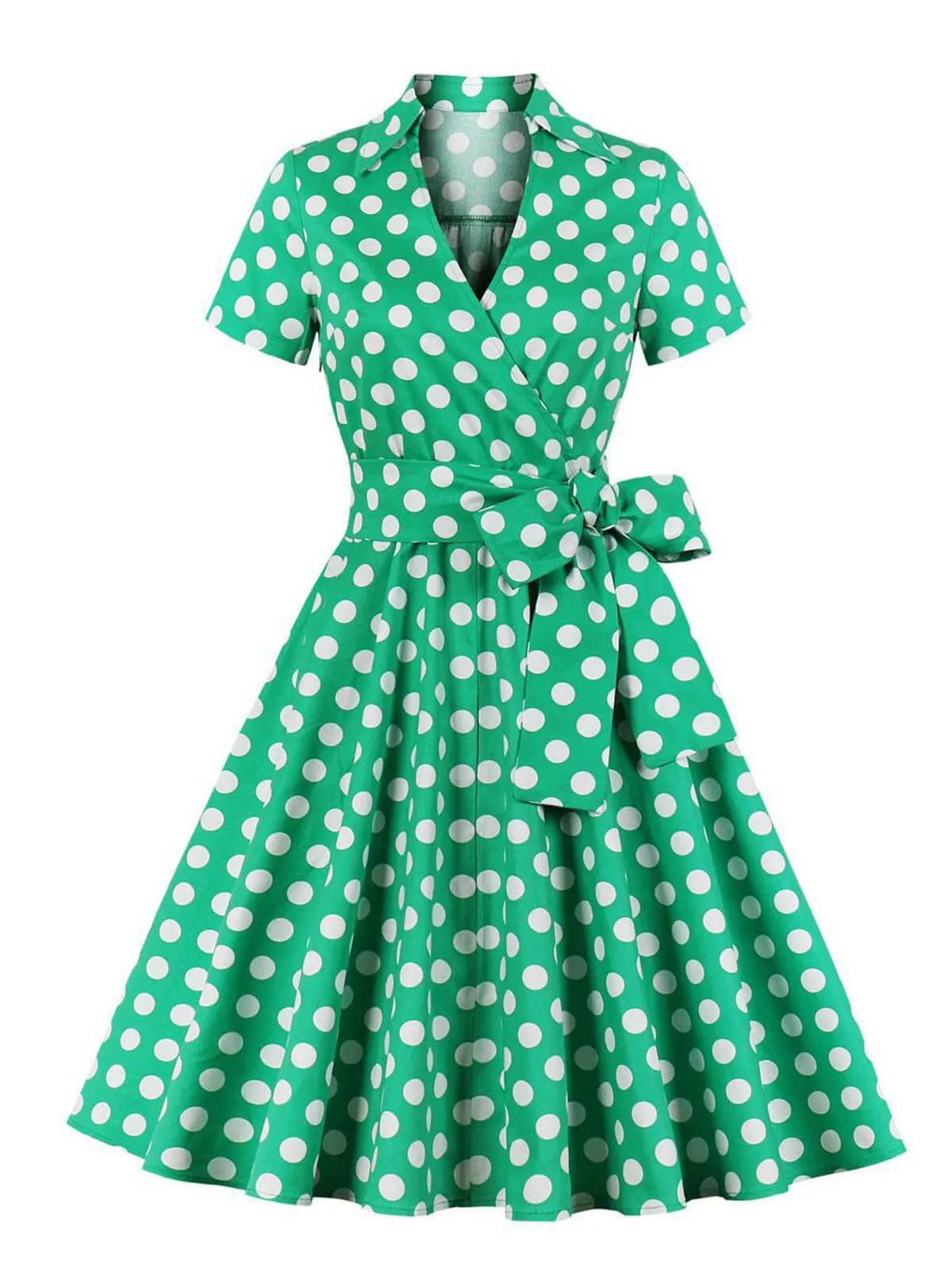 1950s Polka Dots Waist Tie Lapel Dress