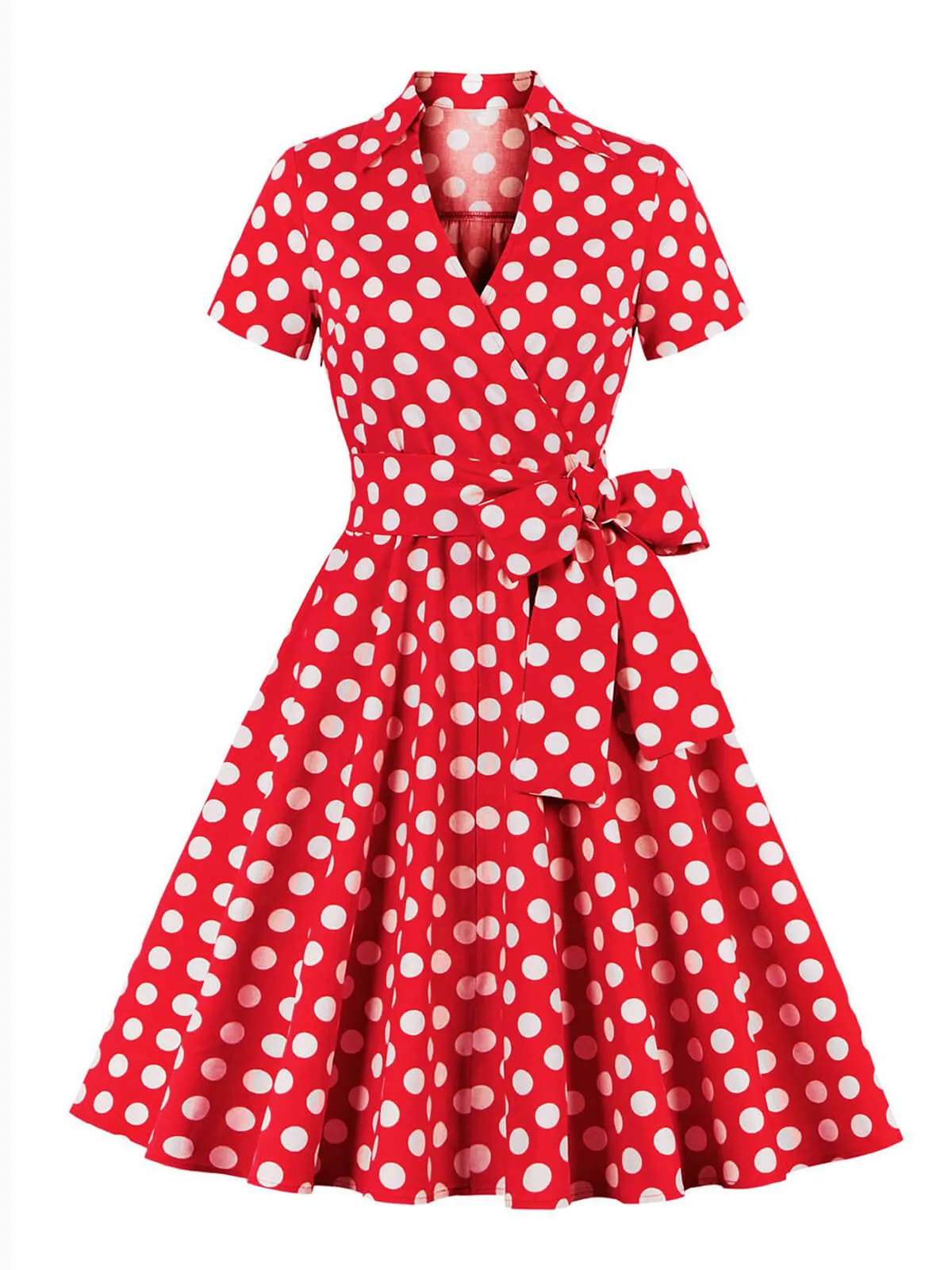 1950s Polka Dots Waist Tie Lapel Dress