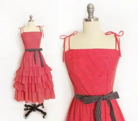 1970s Dress Red Polka Dot Ruffle Full Skirt M