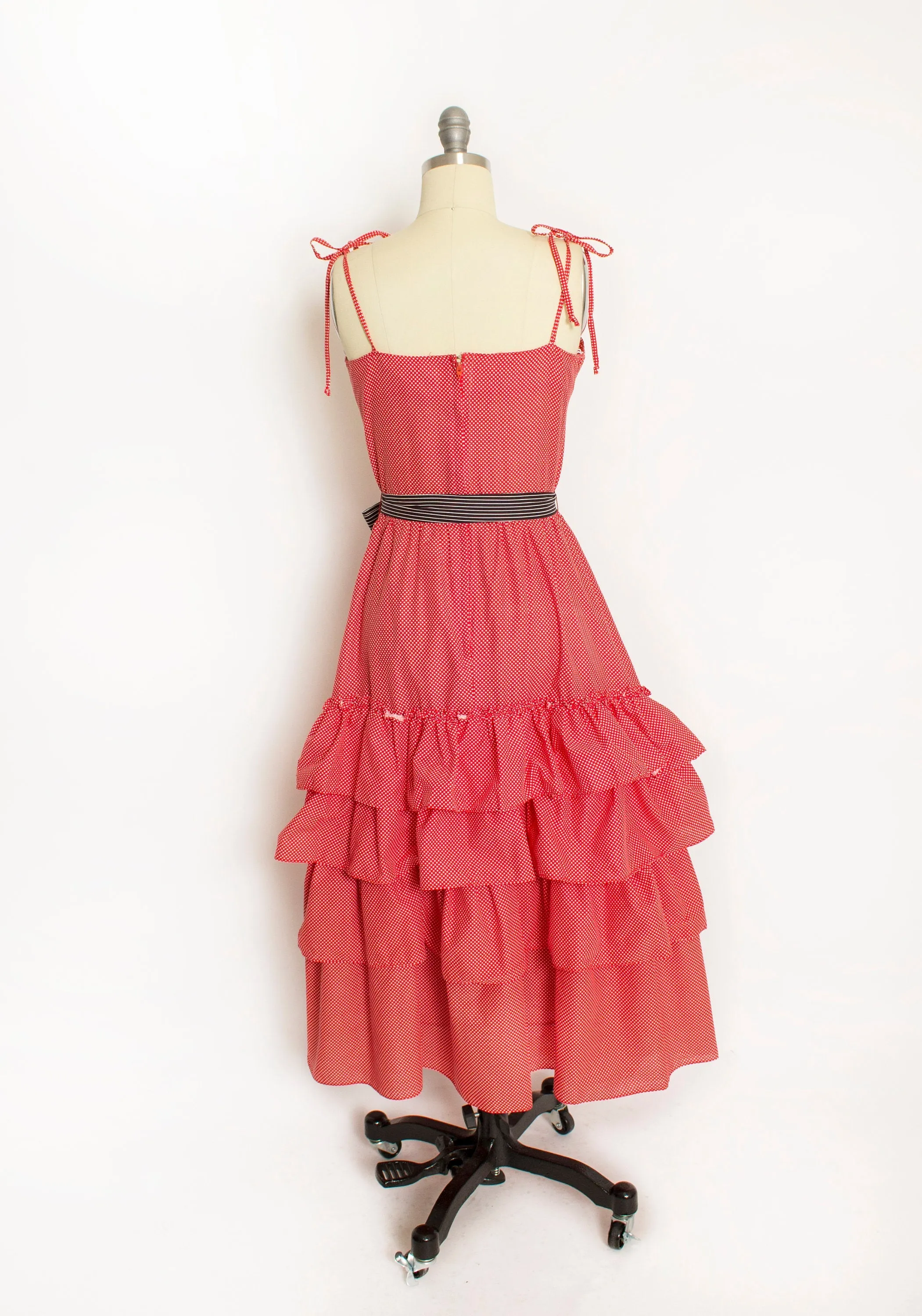 1970s Dress Red Polka Dot Ruffle Full Skirt M