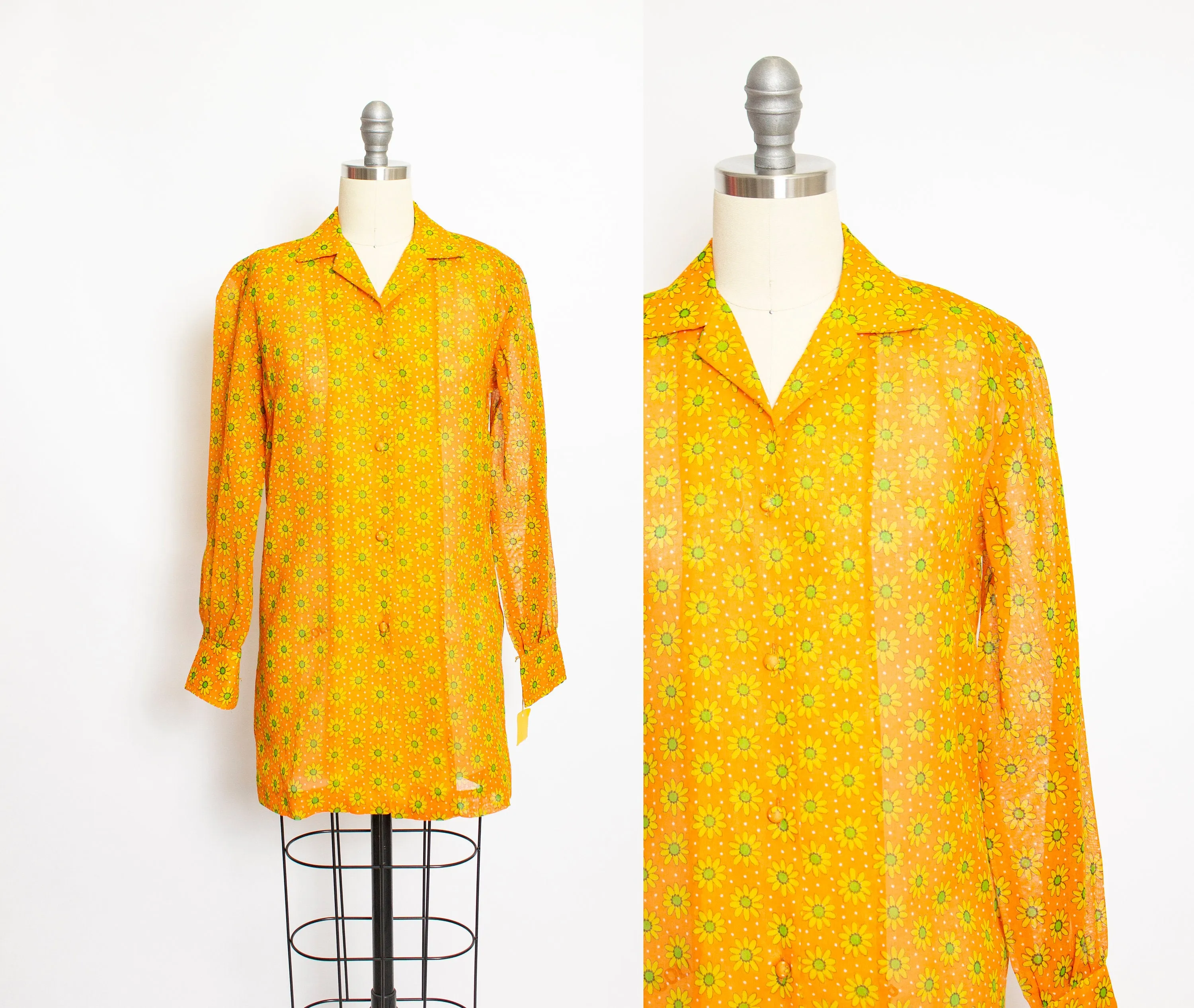 1970s Dress Semi Sheer Orange Floral Shirtfront Small