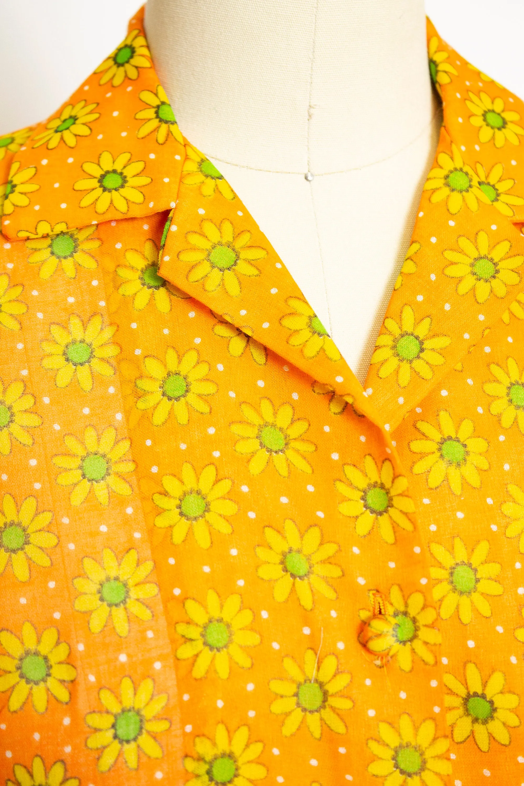 1970s Dress Semi Sheer Orange Floral Shirtfront Small