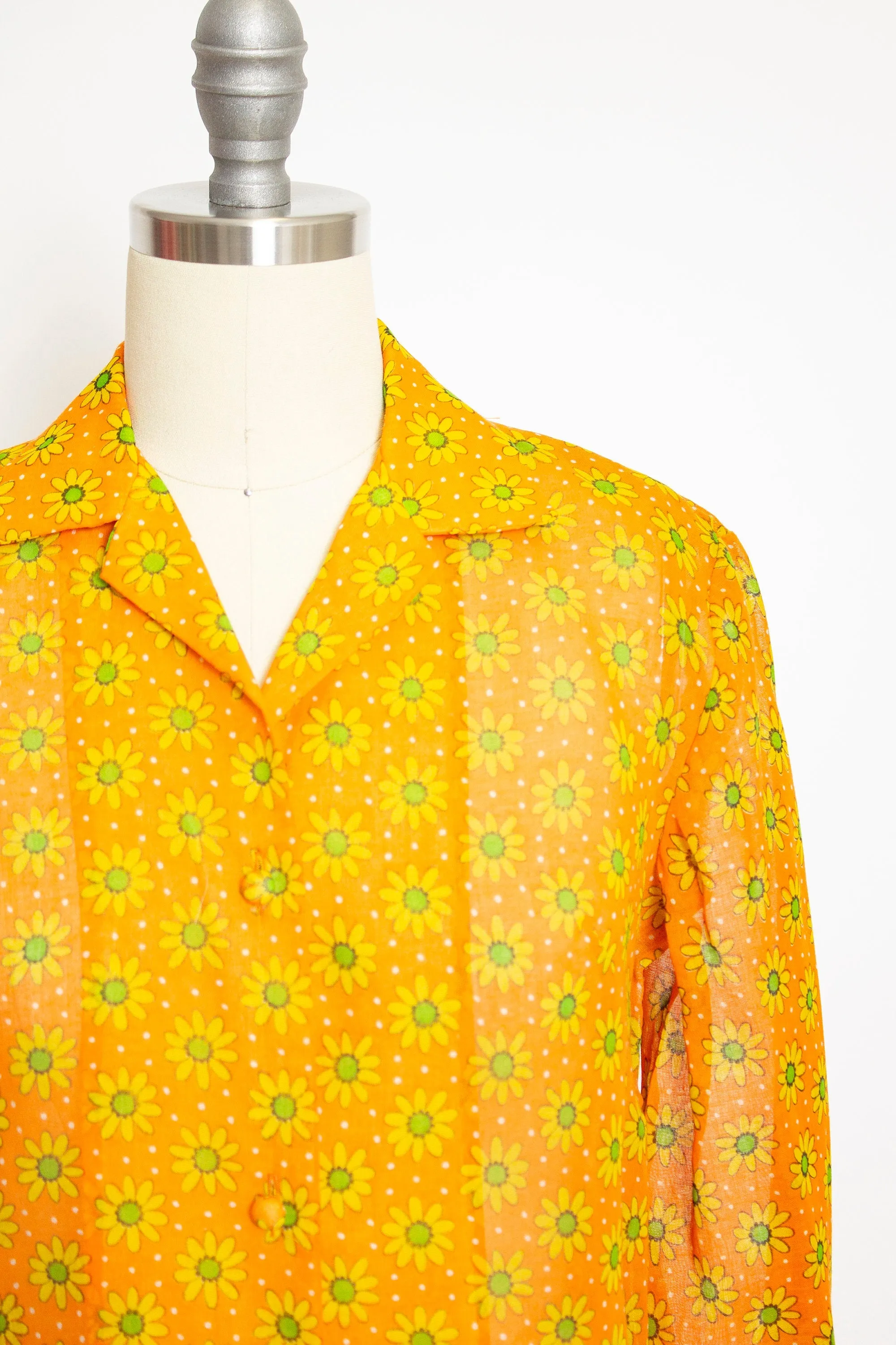 1970s Dress Semi Sheer Orange Floral Shirtfront Small