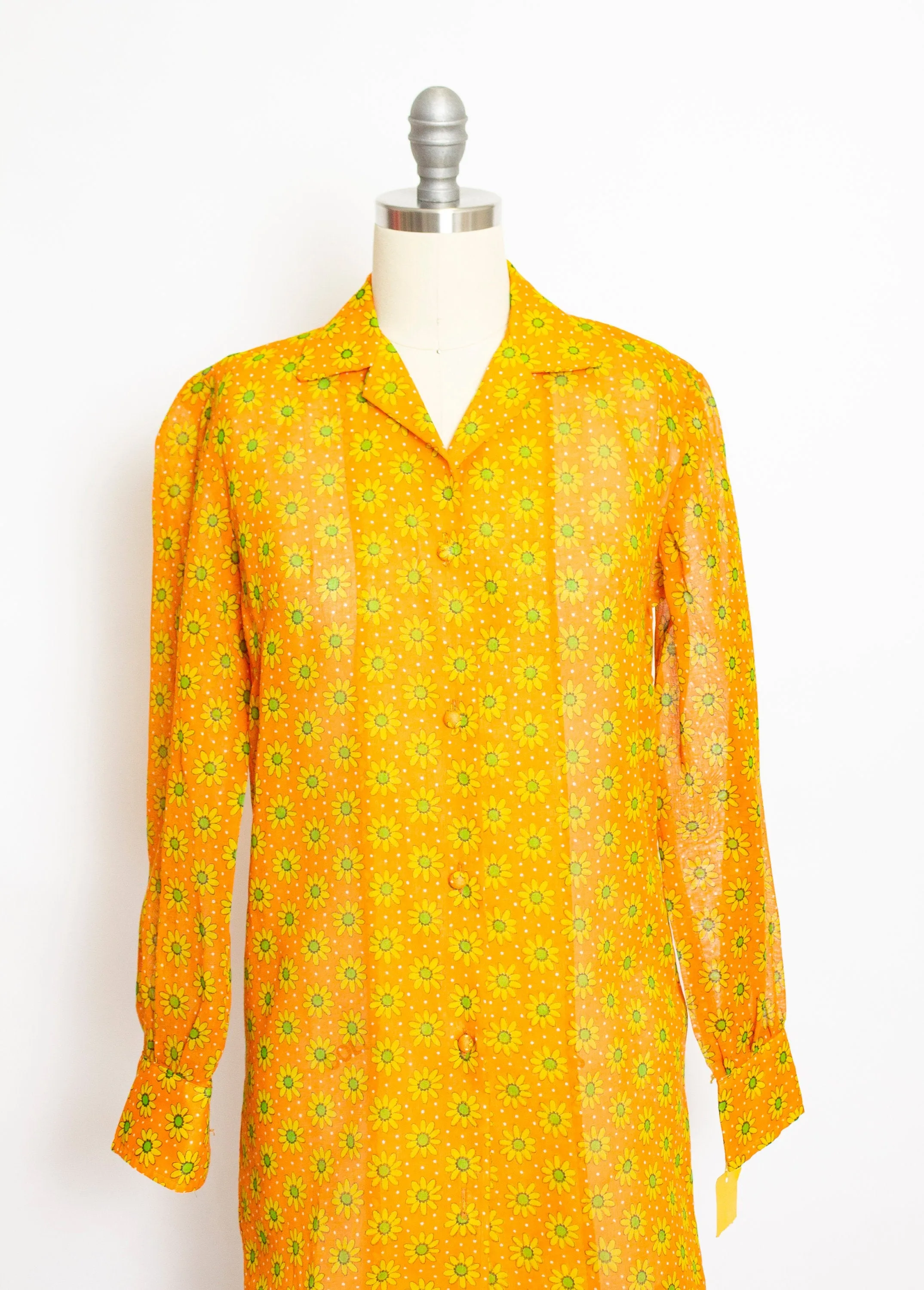 1970s Dress Semi Sheer Orange Floral Shirtfront Small