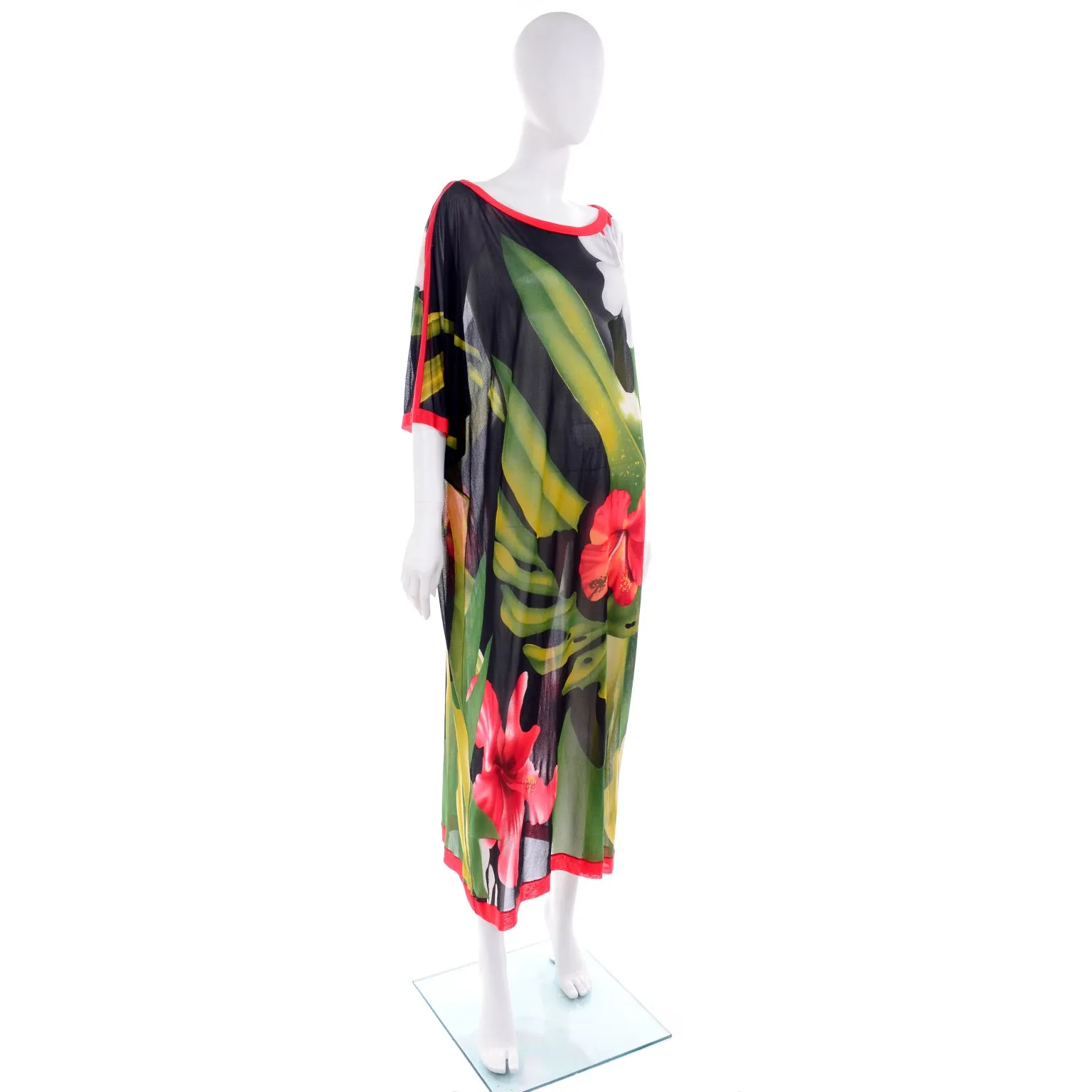 1970s Gottex Tropical Hibiscus Floral Caftan Style Semi-Sheer Dress O/S