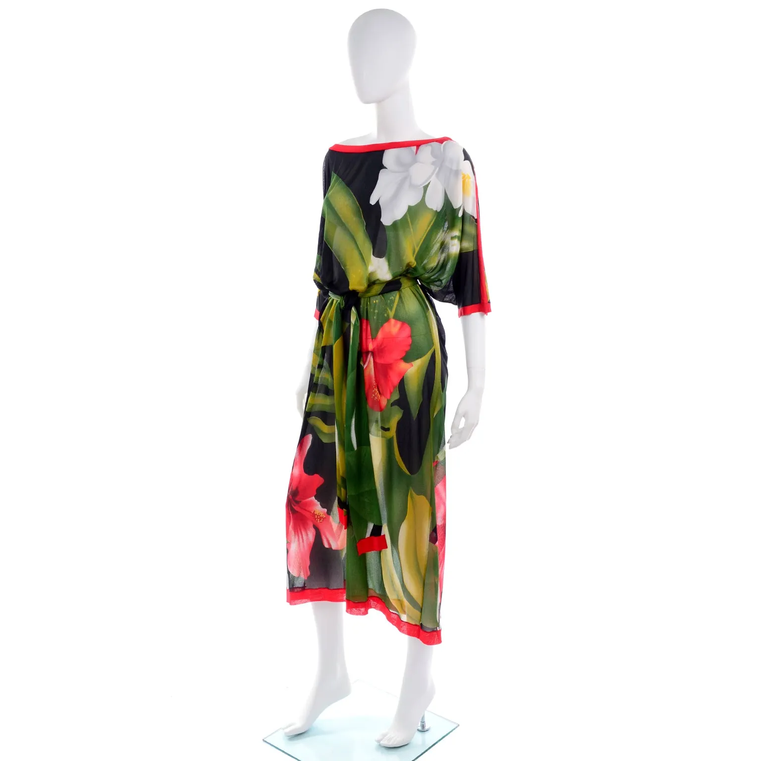 1970s Gottex Tropical Hibiscus Floral Caftan Style Semi-Sheer Dress O/S