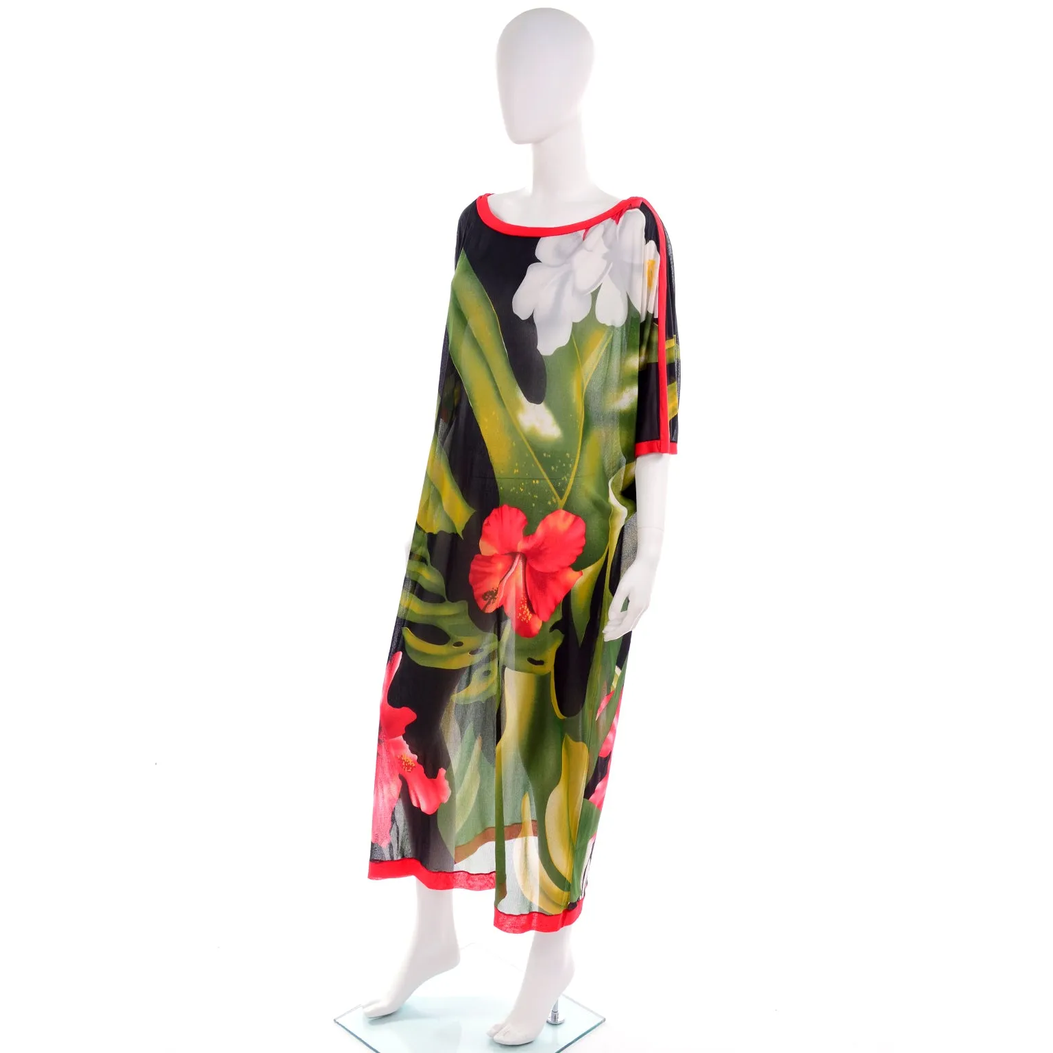 1970s Gottex Tropical Hibiscus Floral Caftan Style Semi-Sheer Dress O/S