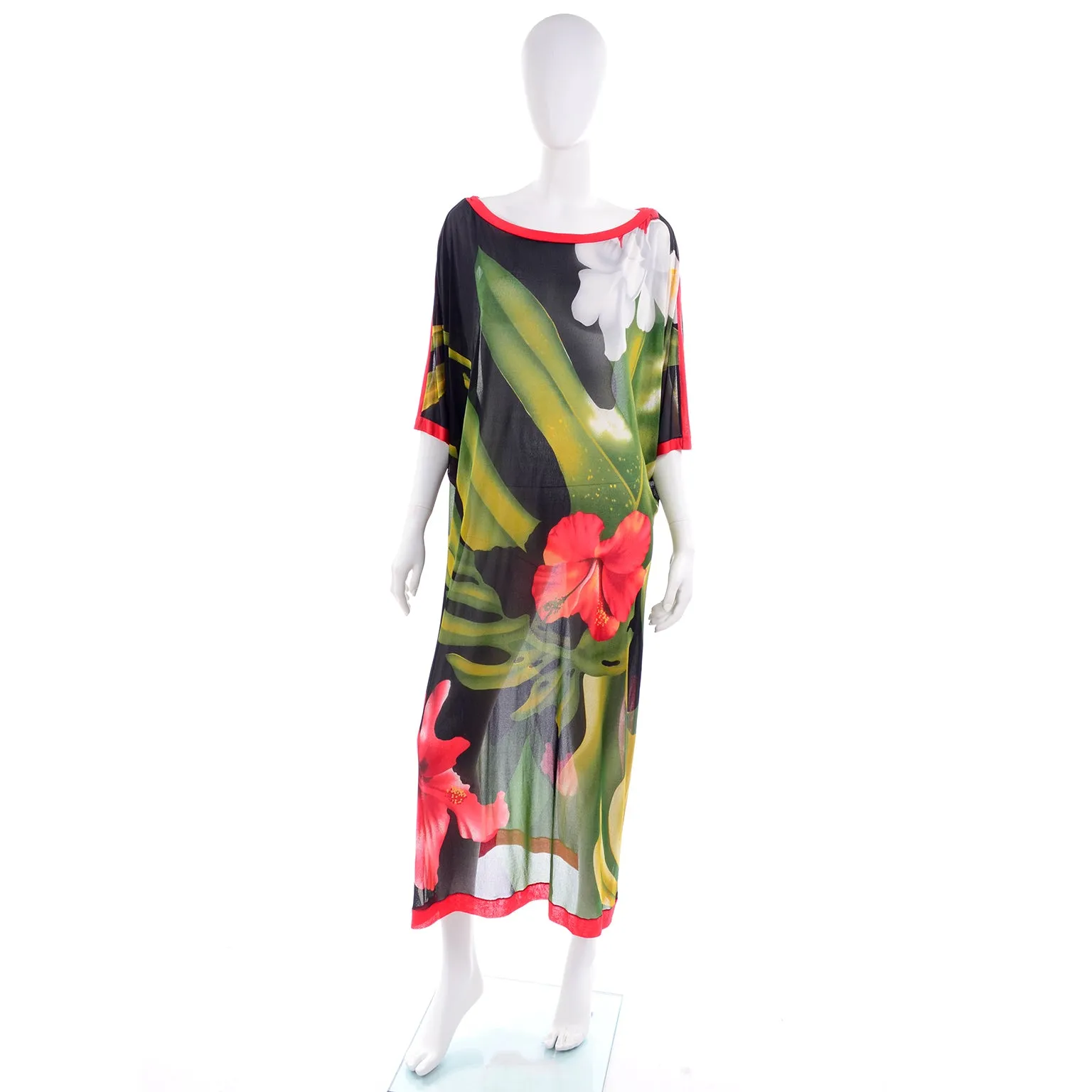 1970s Gottex Tropical Hibiscus Floral Caftan Style Semi-Sheer Dress O/S