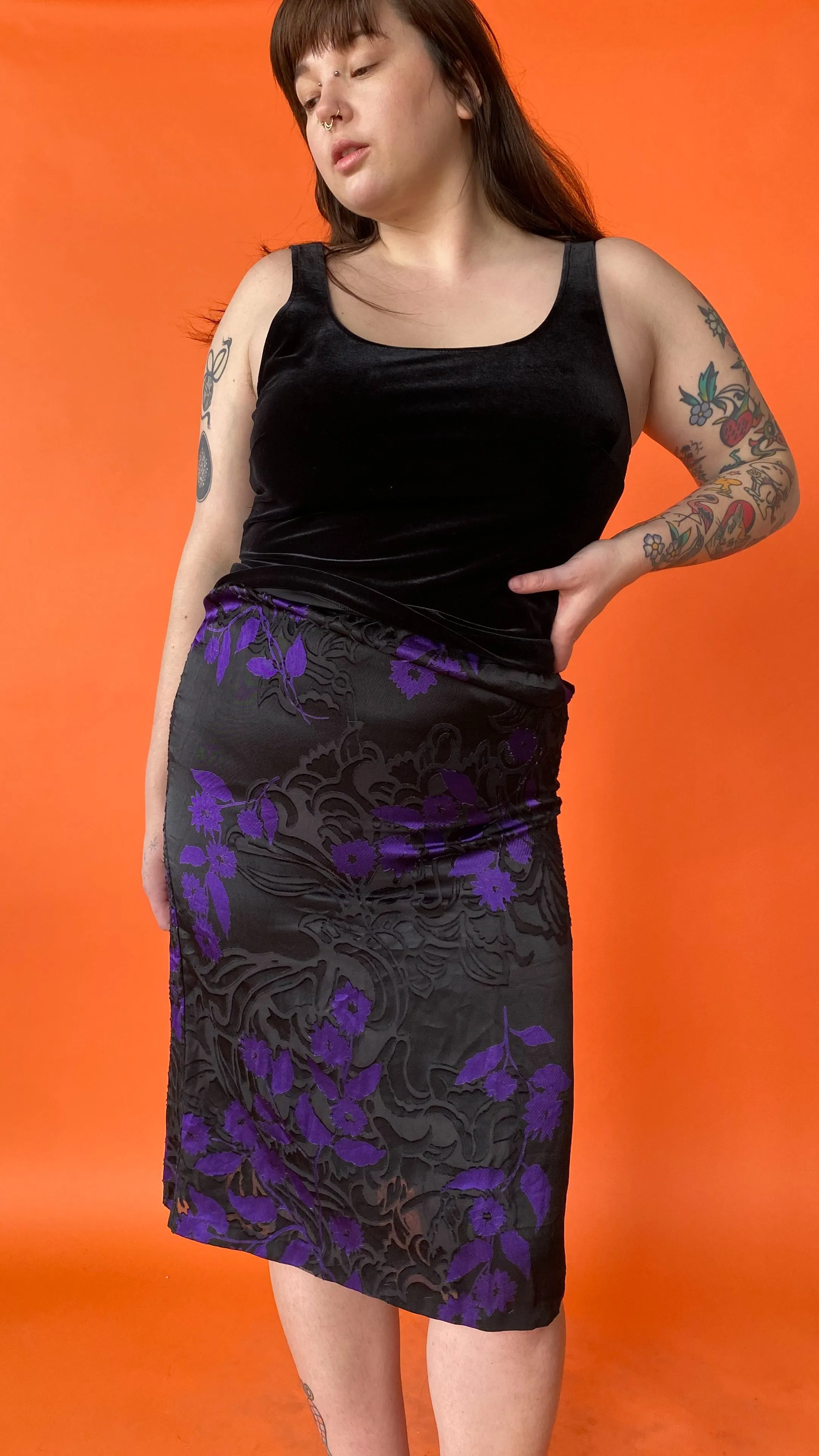 1990s Sheer Black and Purple Floral Print Midi Skirt, sz. L/XL