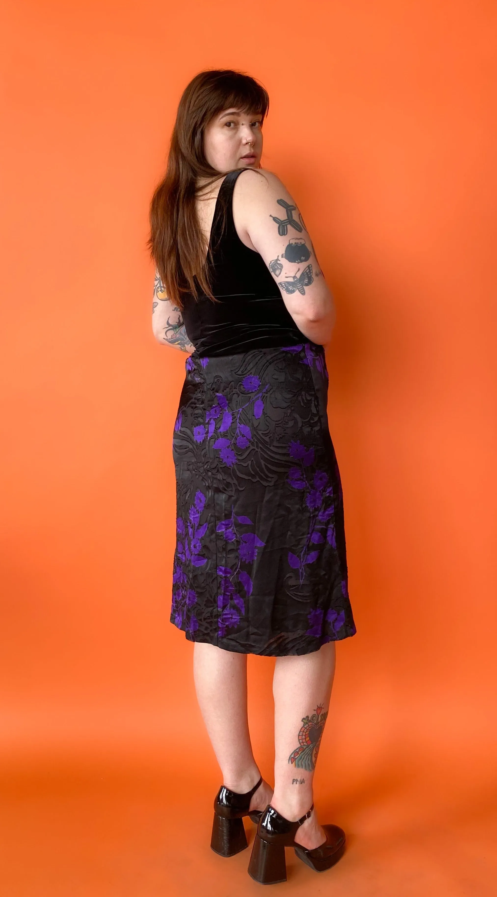 1990s Sheer Black and Purple Floral Print Midi Skirt, sz. L/XL