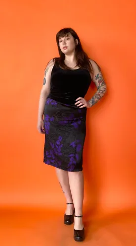 1990s Sheer Black and Purple Floral Print Midi Skirt, sz. L/XL