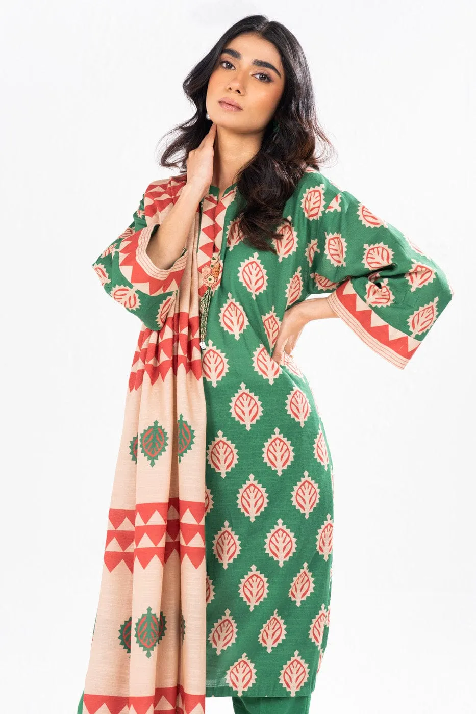 2 Pc Printed Khaddar Shirt With Khaddar Dupatta