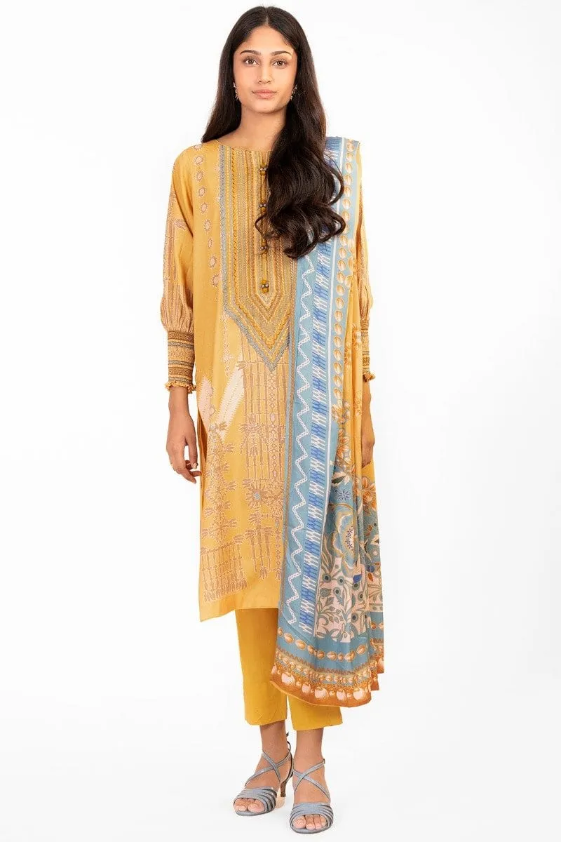 3 Pc Embroidered Corduroy Suit With Net Dupatta