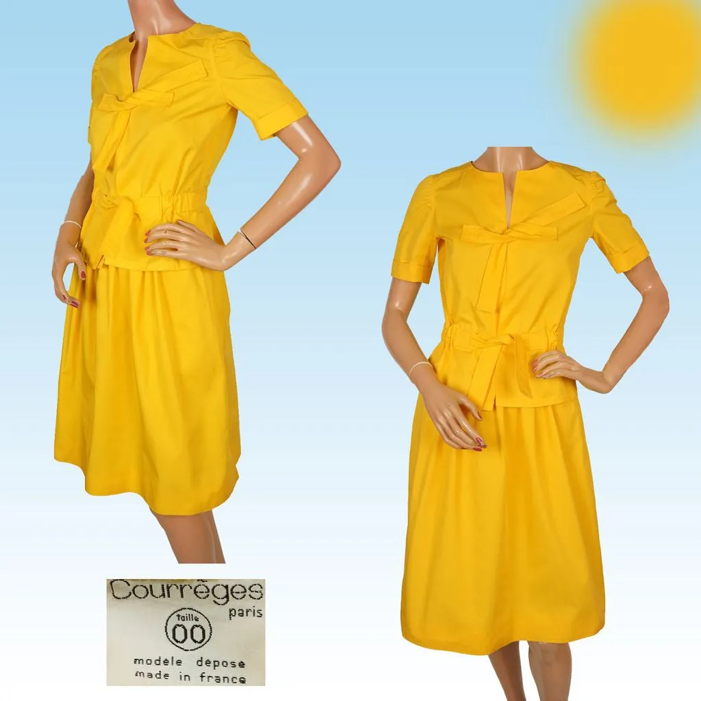 70s Vintage Top & Skirt Set by Andre Courreges in Bright Yellow Cotton Blend