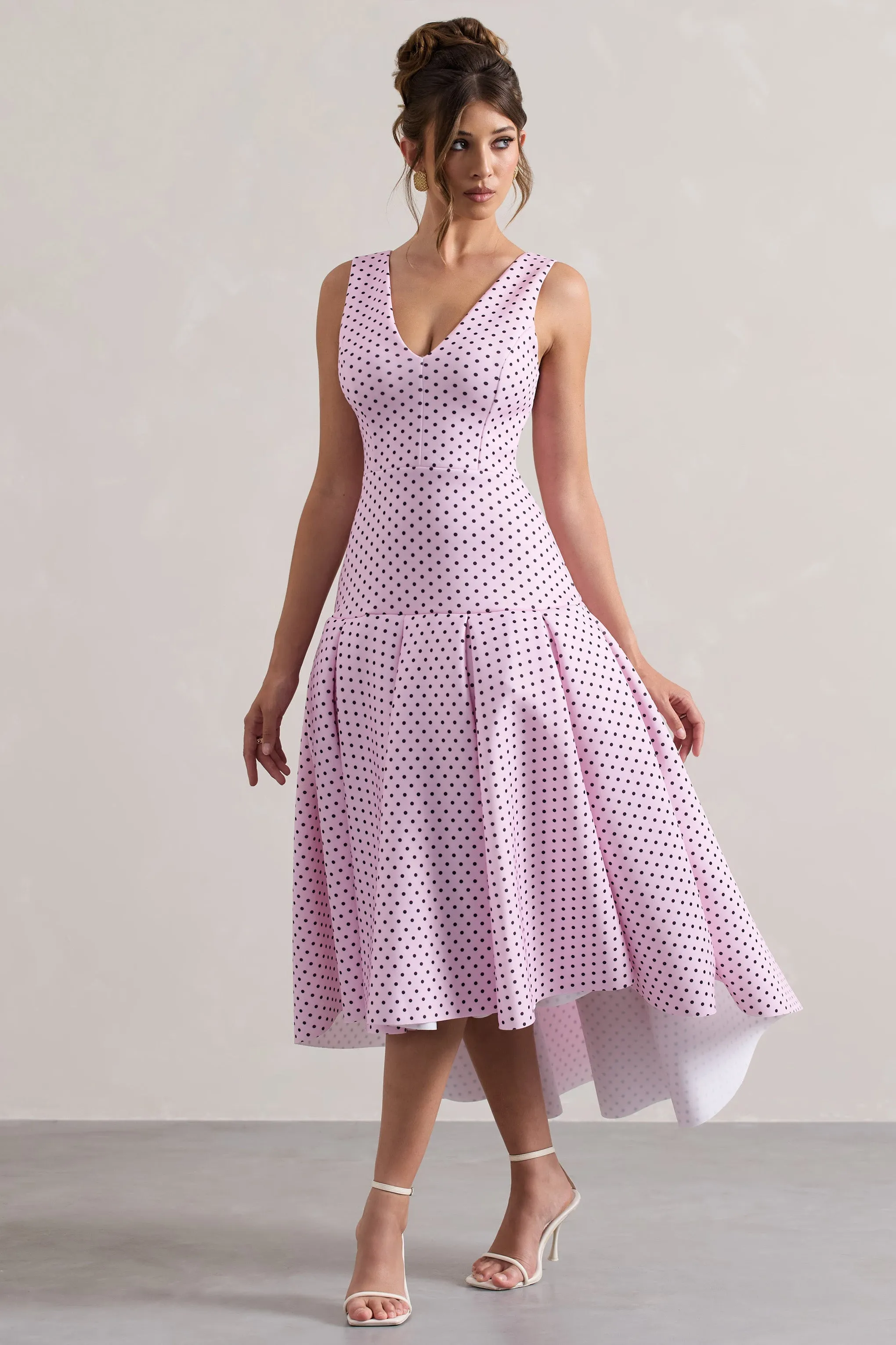 Amoret | Pink Polka Dot Plunge-Neck Maxi Dress With Volume Hem