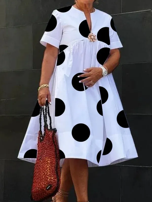 Amozae-Women Midi Shirts Dress 2024 Summer Short Sleeves Black and White Polka Dot Daily Casual Simple Female A-line Dresses