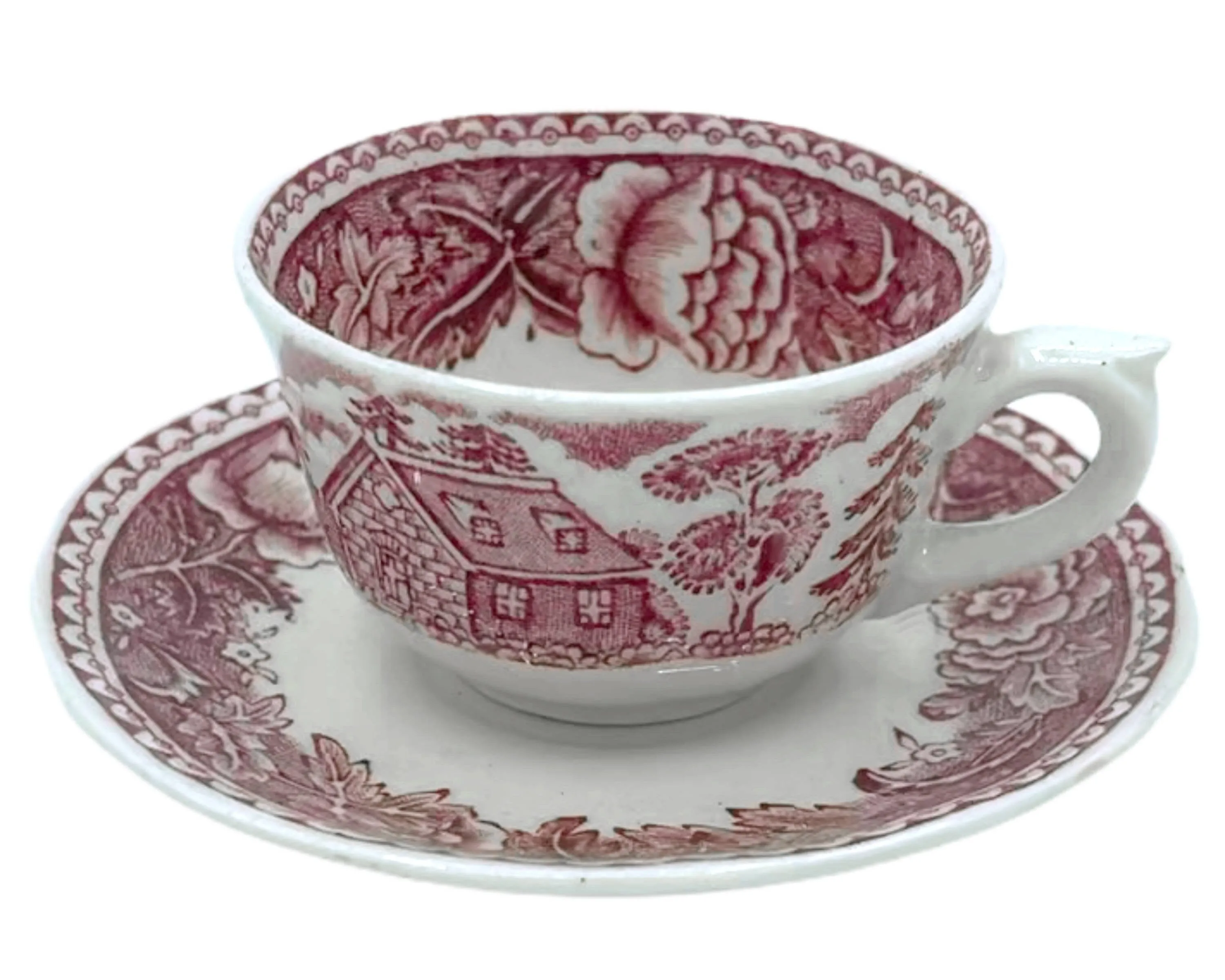 Arabia Finland Demitasse Cup Magenta Red Landscape Transfer Ware Cabin Castle