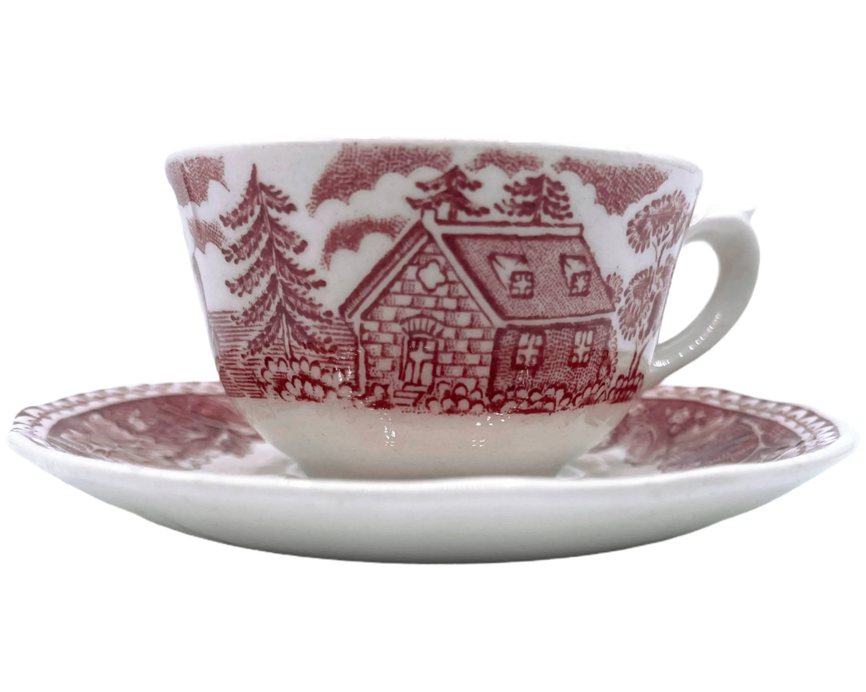 Arabia Finland Demitasse Cup Magenta Red Landscape Transfer Ware Cabin Castle