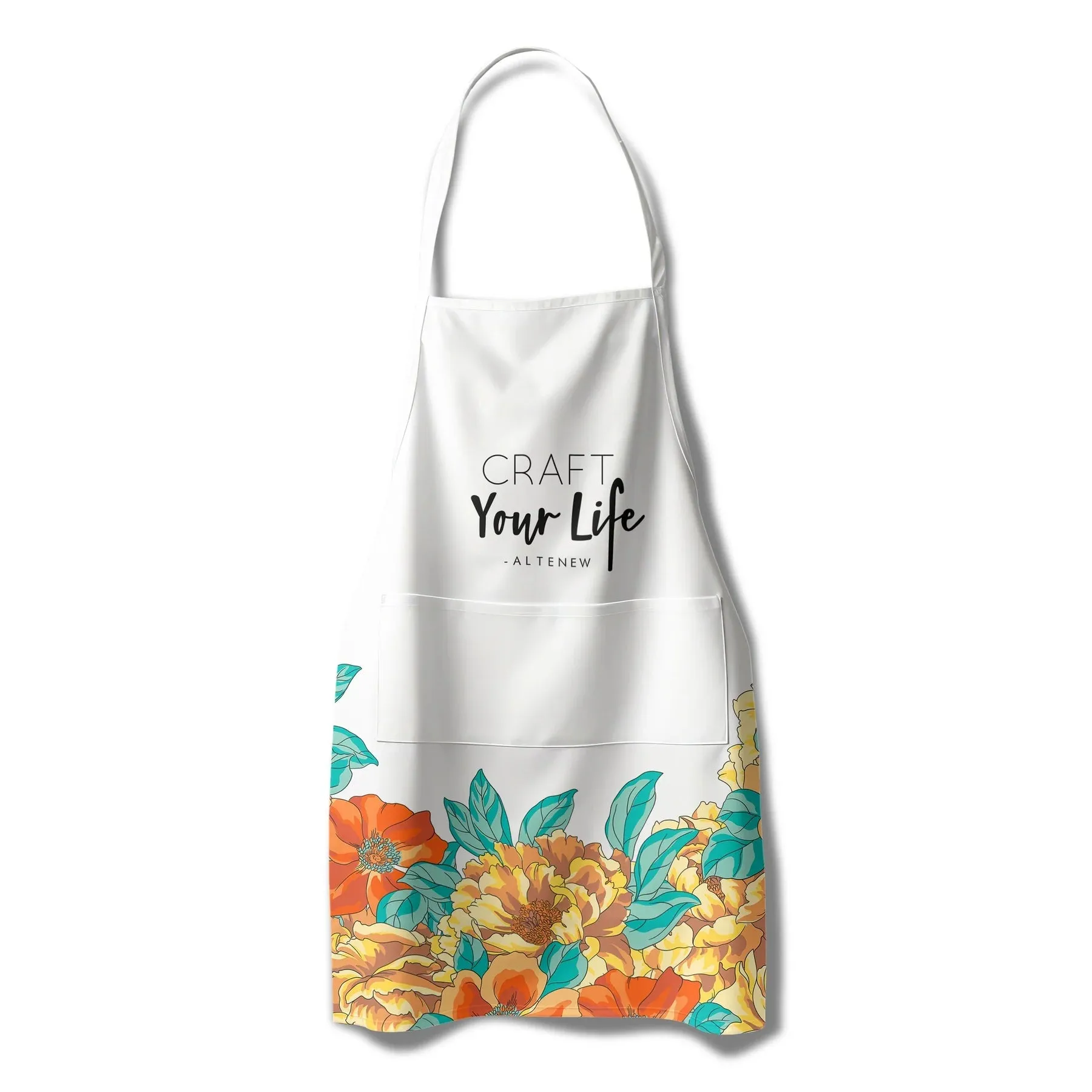 Artsy Apron: Orange & Yellow Billowing Peonies - White